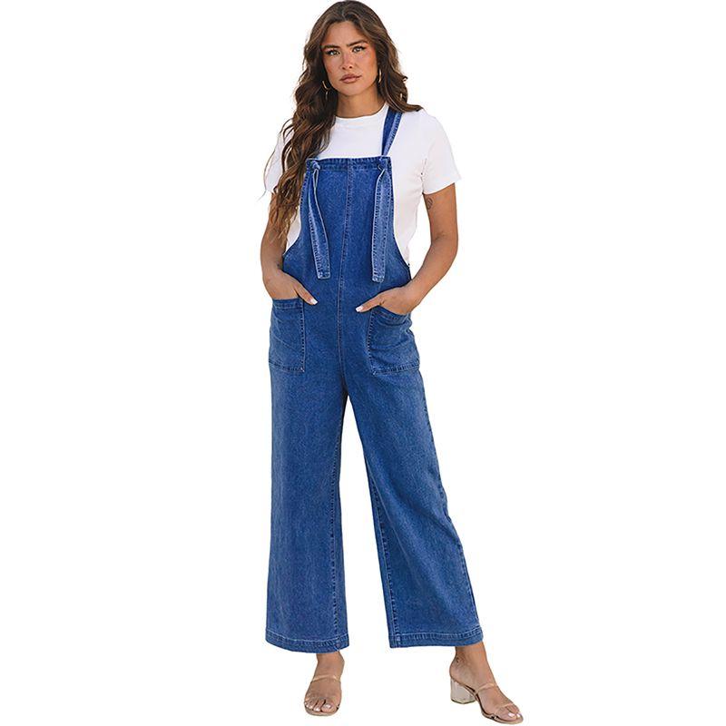

2025 Summer New Arrival Pure Color Denim Overalls Women European and American Fashion All-Match Patch Pocket Wide Leg Jumpsuit Women Dark Blue Size XL fit (70.00 kg-75.00 kg