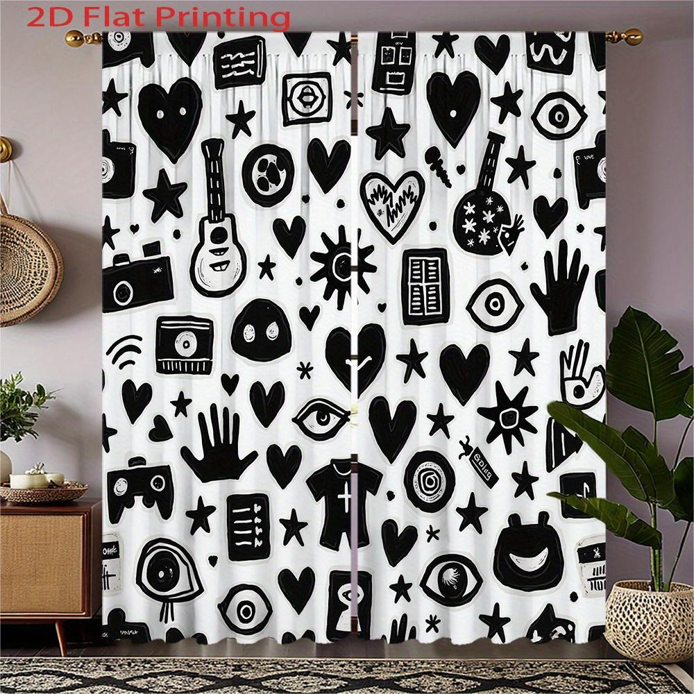 Graffiti Art Curta 2Pcs – Black And White Pop Culture Icons, Guitar Heart Eye Camera, Urban Street Style For Living Room And
