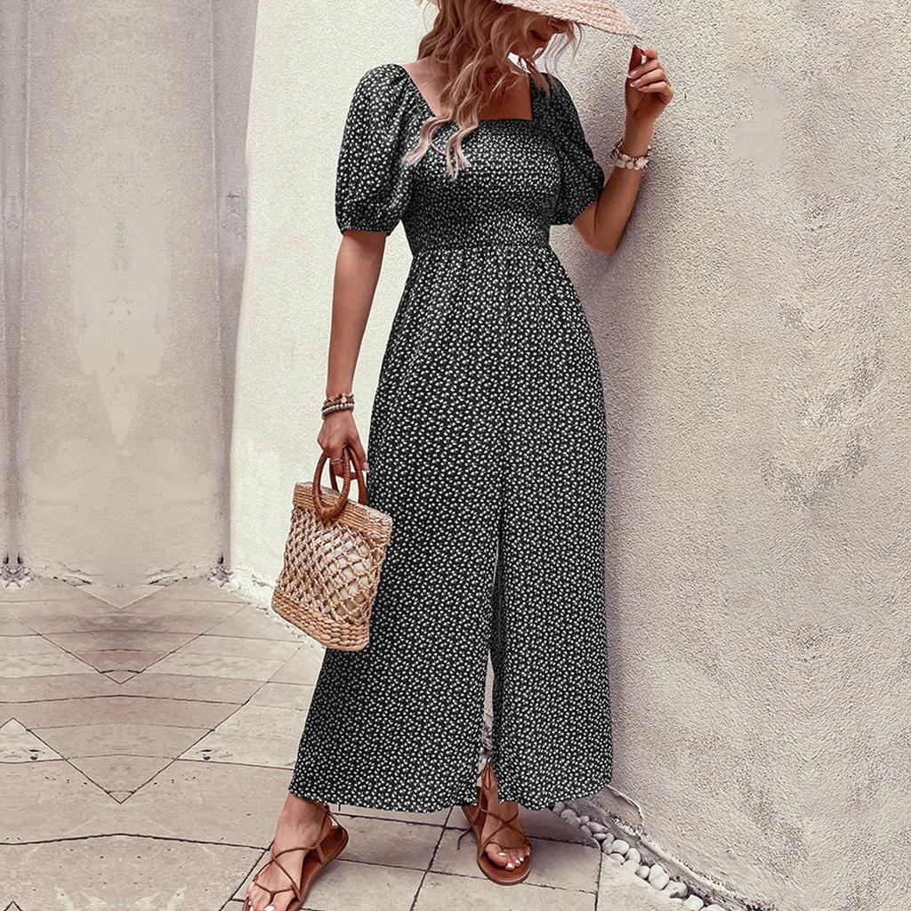 Women's Square Neck Puff Sleeve Wide Leg Printed Jumpsuit