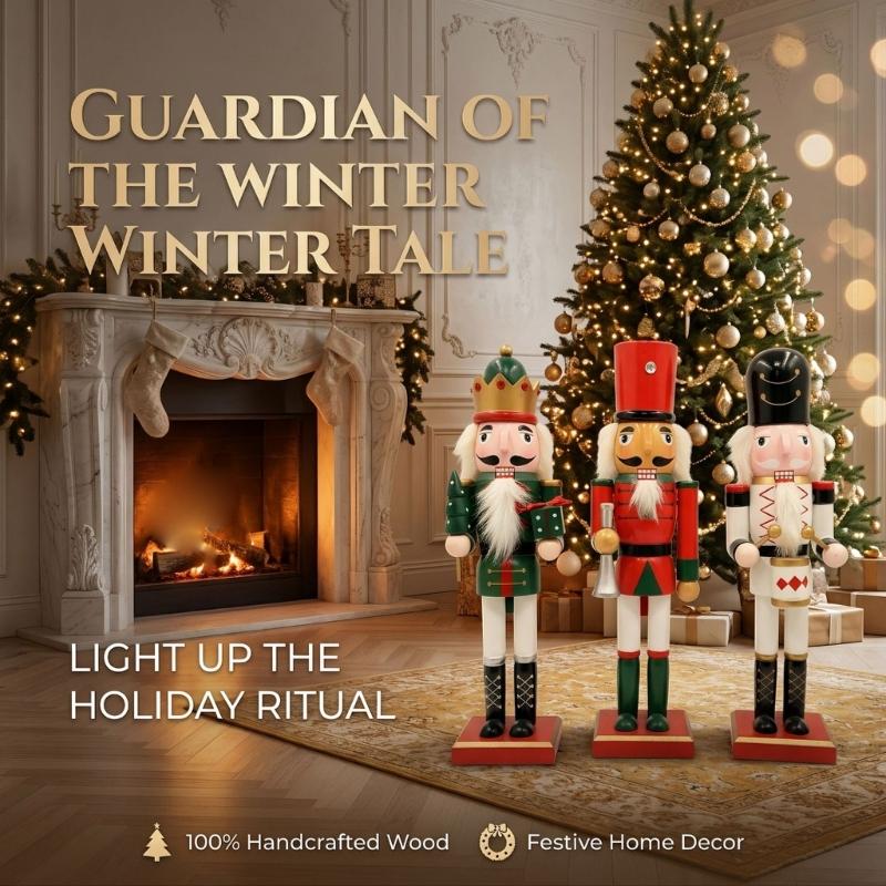 Christmas Nutcrackers Decoration in Solid Wood with a Square Base for Entryway, Mantel, Shelf, or Desk Display