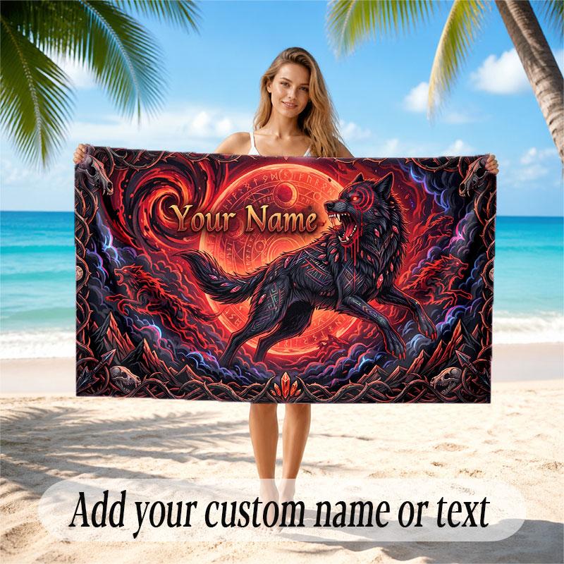 Wolf Theme Beach Towel Personalized Custom Name & Text Soft Quick Dry Beach Towel for Swimming Travel