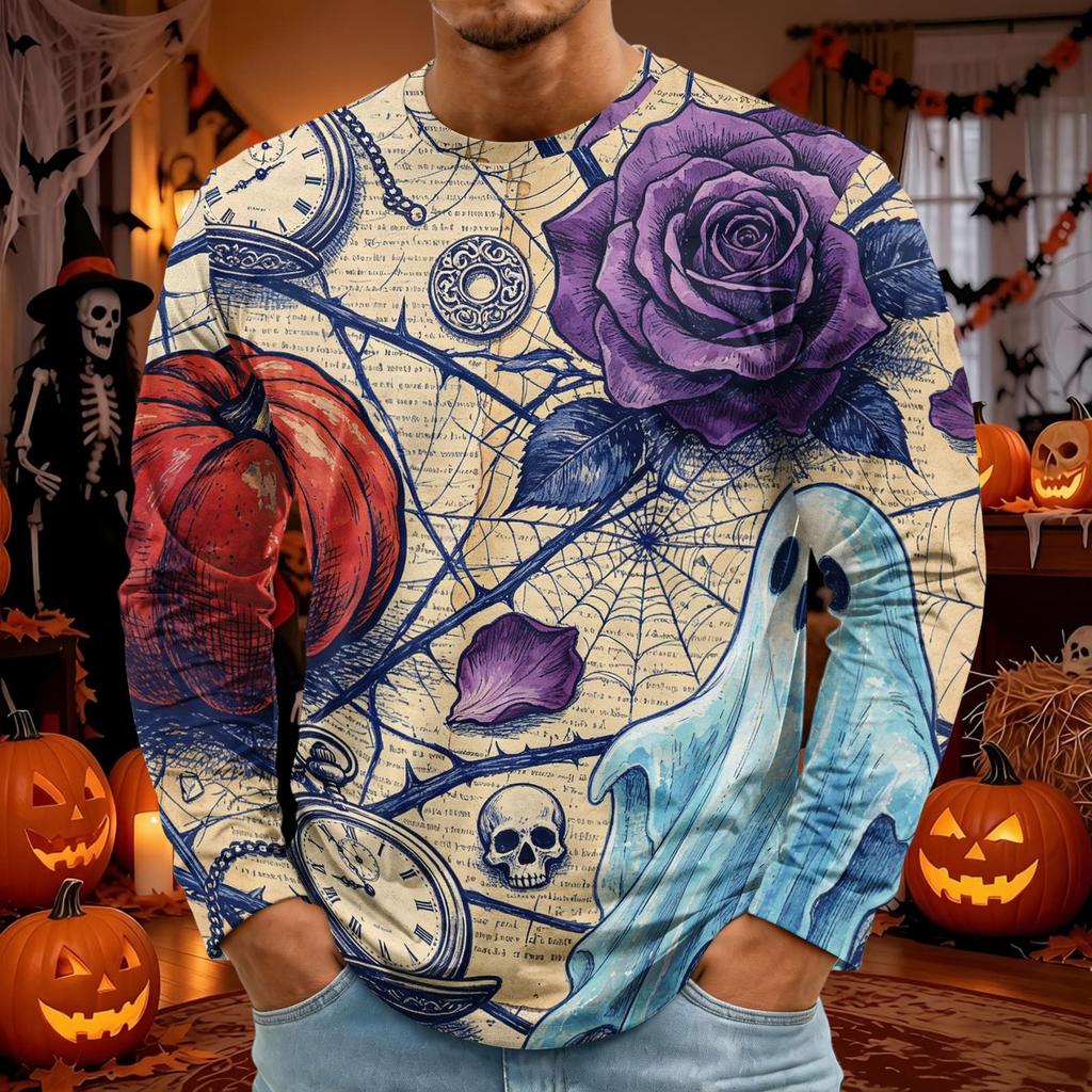 Men's Halloween Printed Long Sleeve Neck T-Shirt for Costume Party