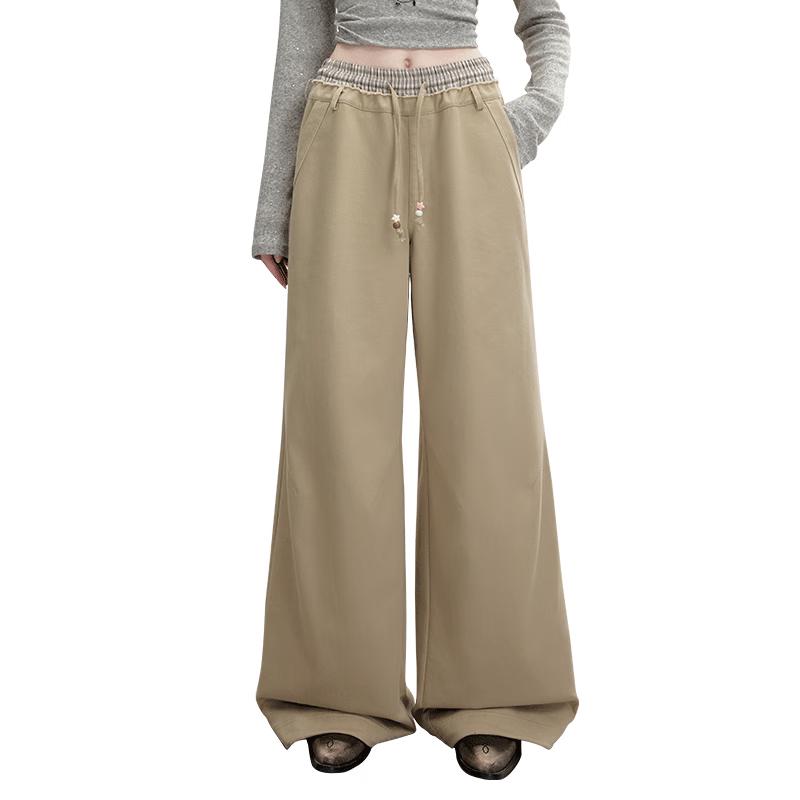 UNIFREE Plaid Patchwork Waist Casual Wide-Leg Pants M
