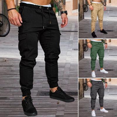 Men Cargo Pants Ankle-banded Thin Multi Pockets Drawstring Elastic Waist Solid Color Gym Traning Sweatpants Long Outdoor