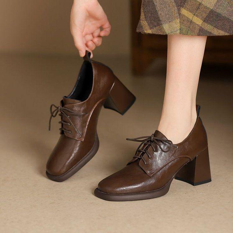 Women's Soft Leather Round Toe Chunky Heel Lace-Up Shoes, British Style, Spring/Autumn 2025