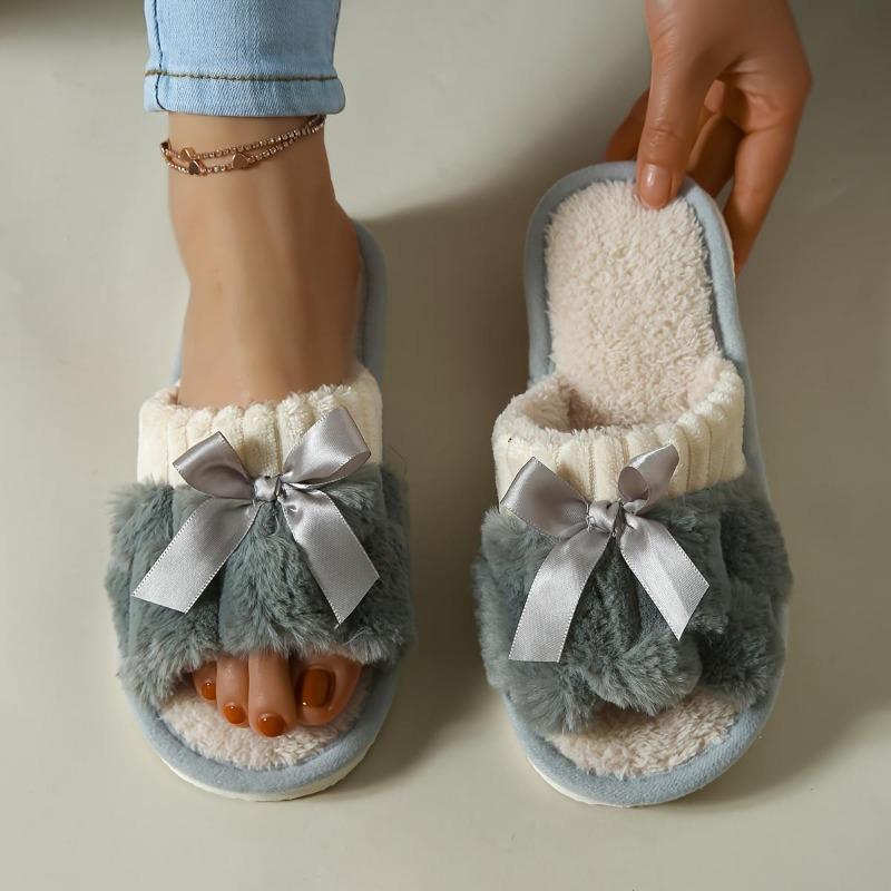 Teplé pantofle s dekorem Bowknot, neformální plyšové boty s otevřenou špičkou, pohodlné domácí pantofle