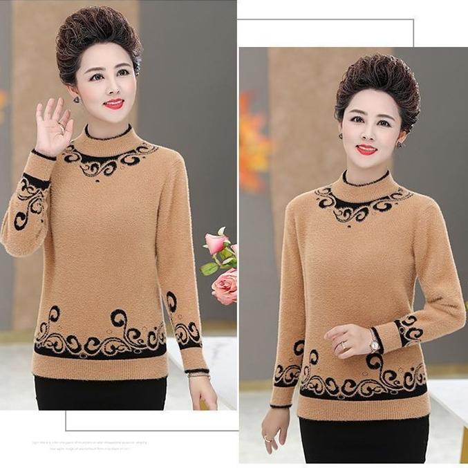 Women's Thick Faux Mink Fleece Sweater Autumn Winter Long Sleeve Printed Knitted Pullover Sweater Loose Warm Stretch Knit Sweater