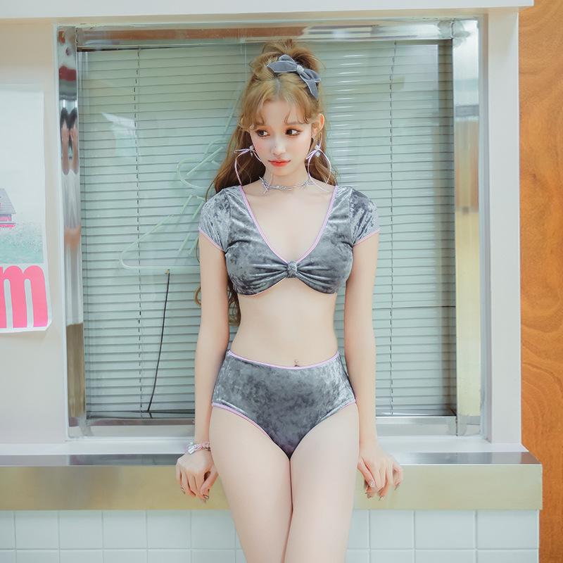 

Корейский серый замшевый купальник-бикини с бантом для курортного отдыха L серый