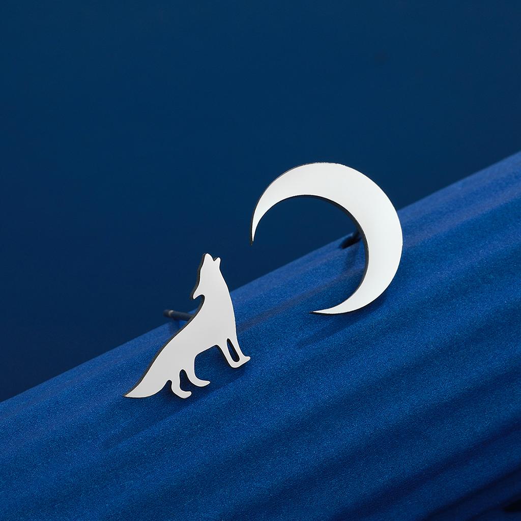 Kinitial Laser Carved Fashion Stainless Steel Asymmetric Wolf and Crescent Moon Earrings New Year Fashion Commemorative Gift