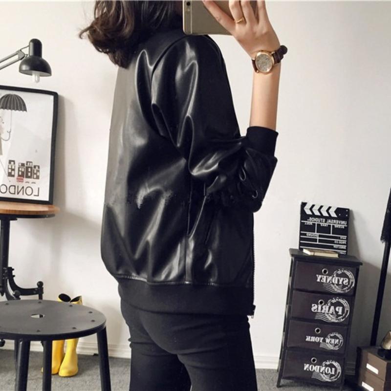Frühling Herbst Koreanisch Elegant PU Leder Cropped Baseballjacke Locker Reißverschluss Biker Mantel Top