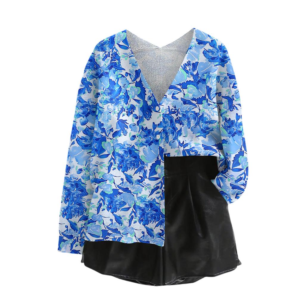 Women's V Neck Top Printing Thickened Plush Cashmere Warm Long Top