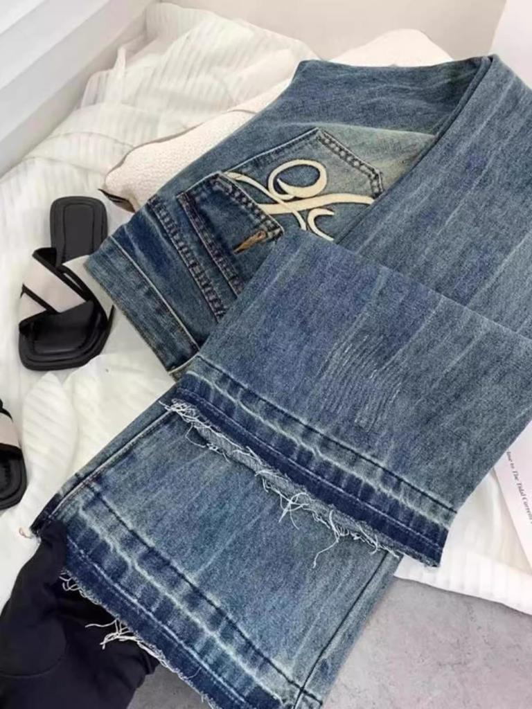 Damen Amerikanische Retro Niedrige Taille Bestickte Abgetragene Petite Schlagjeans