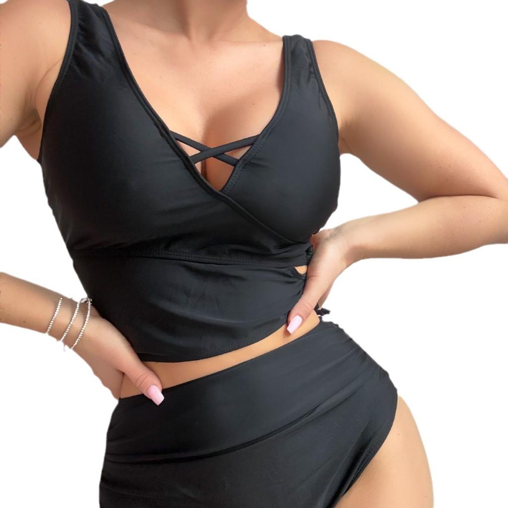 Maillot de bain pour femme Sexy Noir Creux Croisé Maillot de bain Ensemble Bikini Taille Haute Vêtements de Plage Maillots de Bain