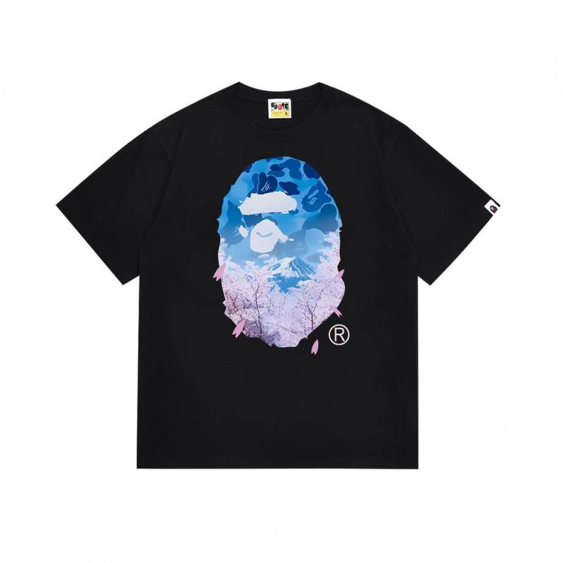 Mens Streetwear Oversized Cotton Tee With Camo Shark Ape Graphic Print Casual T-Shirt