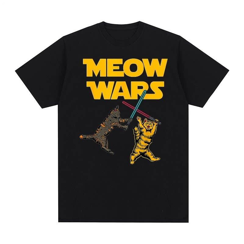 Funny Cats Duel With Colorful Laser Swords Print Tshirt Unisex White Cotton O Neck Casual Short Sleeve Graphic Tee