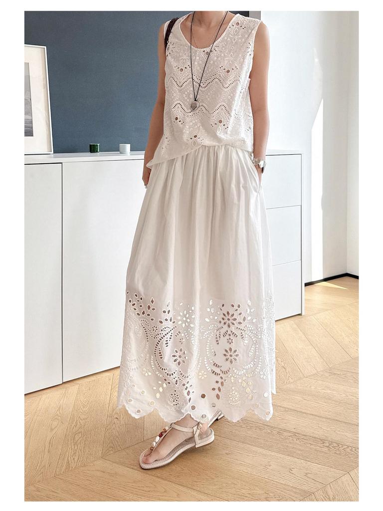 Nanyou Women's 2026 Spring French High Waist Embroidered Lace Maxi Skirt