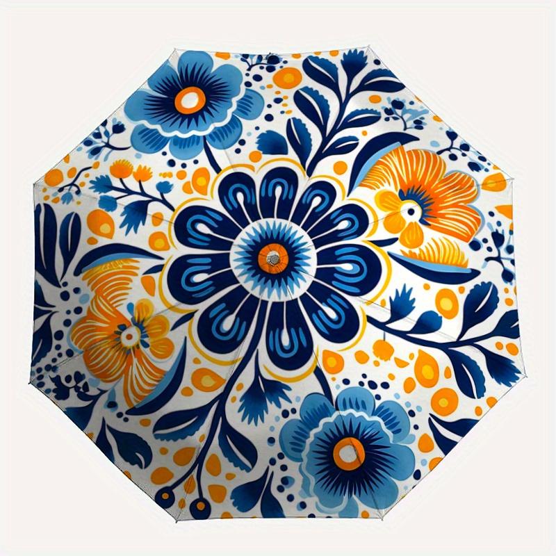 1pc Blue Flower Design Automatic Folding Umbrella - 3 Folding Design, Vivid Cartoon Pattern, Suitable for Outdoor Activities, A Gift for Fan