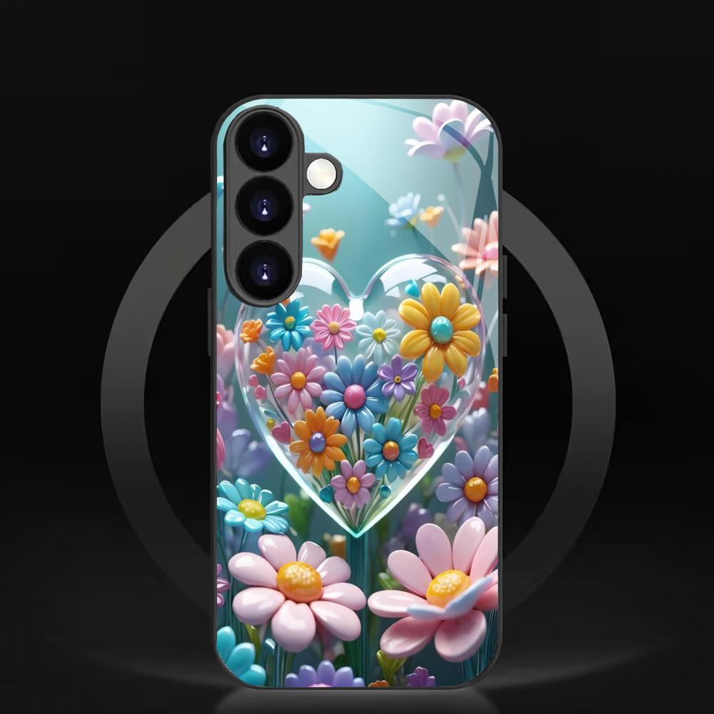 Bunte Blumen-Herzform-Hartglas-Handyhülle geeignet für Samsung GalaxyS26 S25 S24 S22 S21 S20FE/Ultra/Plus sturzsicher