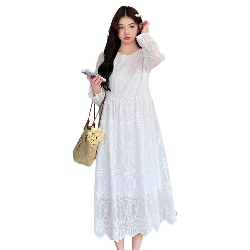 2024 Spring Korean Style Embroidered Round Neck Long Sleeve Elegant Maternity Plus Size Dress