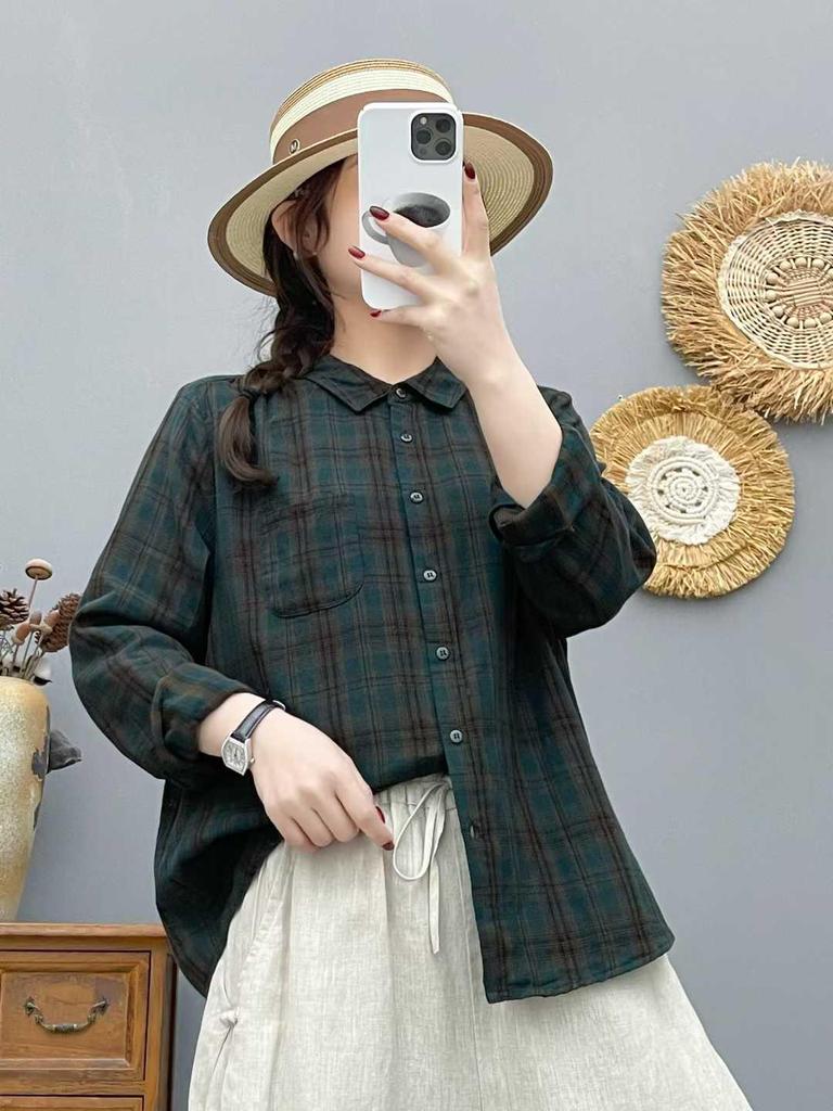 Women's Autumn Plaid Double-Layer Long-Sleeve Cotton Shirt - Japanese Style, Soft, Skin-Friendly, Breathable