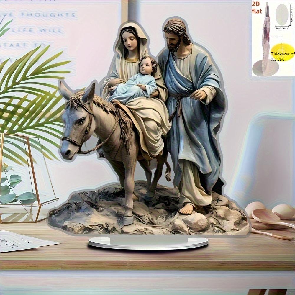 2D Flat Christmas Manger Scene Decoration The Holy Family of Jesus, Mary and Joseph with Donkey Acrylic Printed Tabletop Ornament   Home Office Church