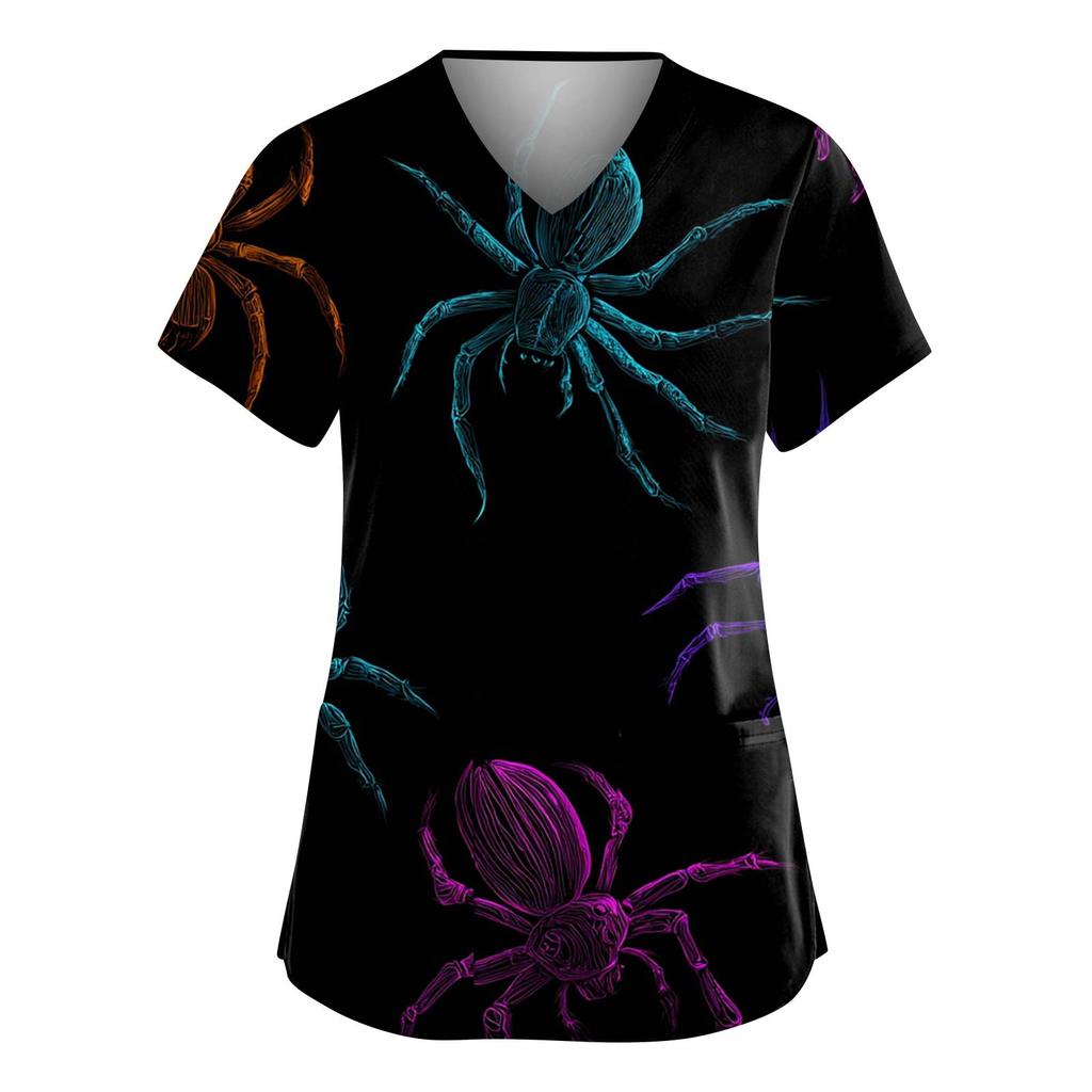 Women's Fashion V-Neck Short Sleeve Overalls With Pockets Halloween Printed Tops  Apparel