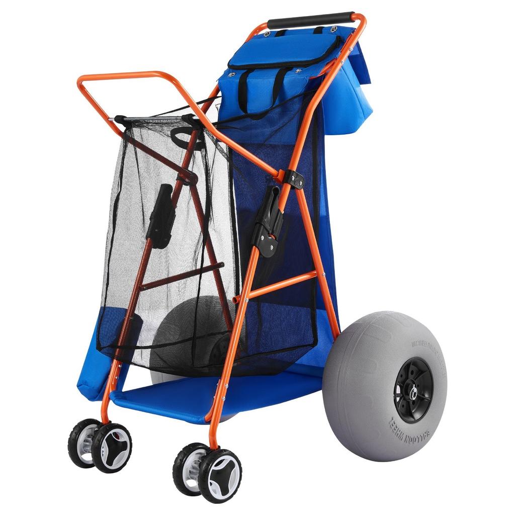 Strandkarre mit großen Rädern für Sand, 75 kg Tragfähigkeit, Robuster faltbarer Strandwagen mit 320 mm Ballonrädern, Isolierte Kühltasche, Sonnenschirm