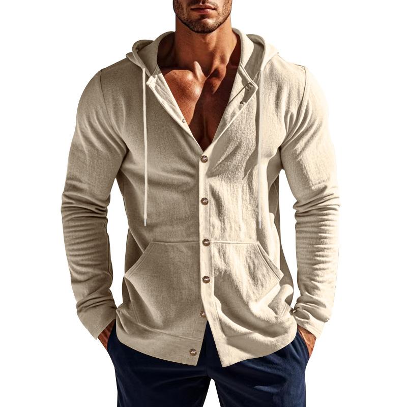 Cárdigan con capucha y cordón para hombre, cierre de botones al frente, manga larga, bolsillo, sudadera casual
