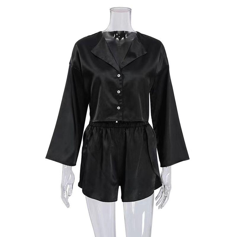 

Fashion Summer Long-Sleeve Short Shirt Slit Shorts Two-piece Set Homewear Shirt and Shorts Set Black L