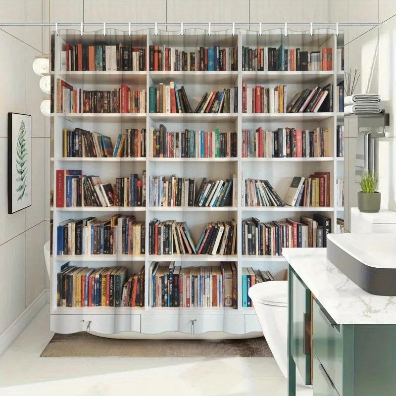 1pc Stylish Bookshelf Shower Curtain - Minimalist Library Design, Vibrant Spines, Polyester, 12 Hooks, Washable