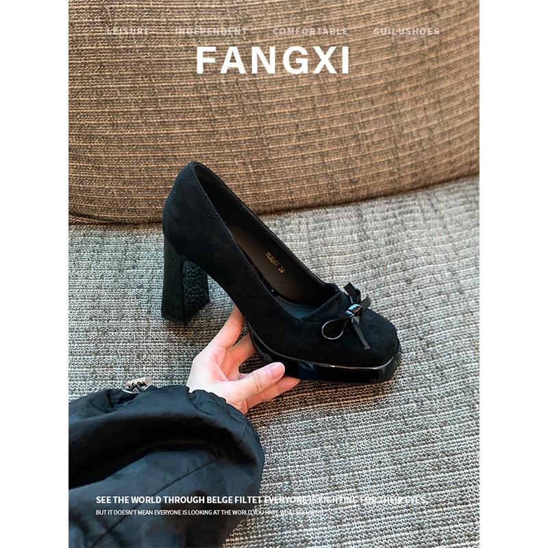 2025 New Spring and Autumn French Retro Square Head Bow High Heels Women's Waterproof Platform Thick Heel Single Shoes Light Mouth Women's Shoes