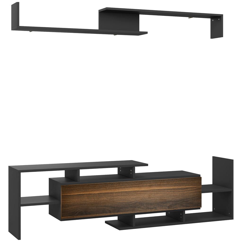 TV Cabinet with Wall Shelf, Open Shelves and Cabinet In Wood, Black and Brown
