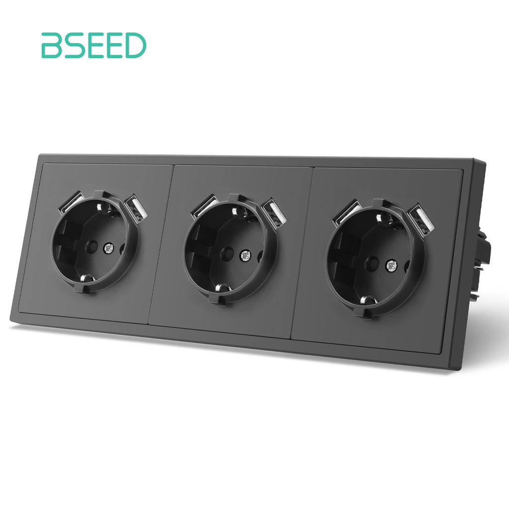 BSEED Mechanical 1/2/Gang Wall Light Switch 1Way With EU Sockets Power USB Power Outlets Plastic Panel No Led Lights Gray Series