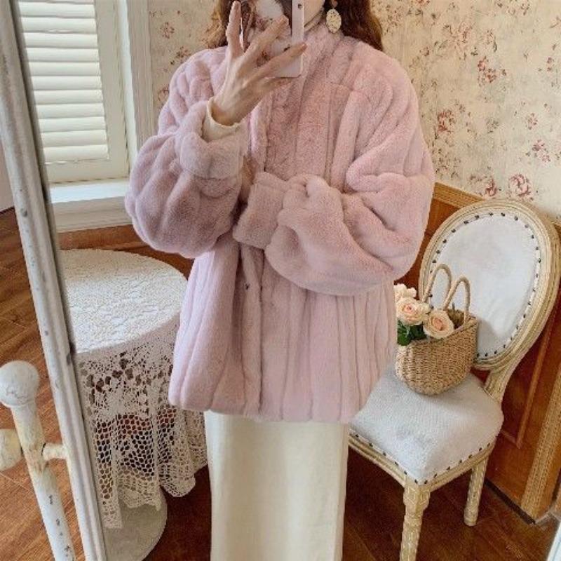 

Осень и зима искусственный мех кролика искусственный мех женская средняя и длинная плюшевая одежда свободное пальто из овечьей шерсти воротник-стойка шерстяное пальто S розовый