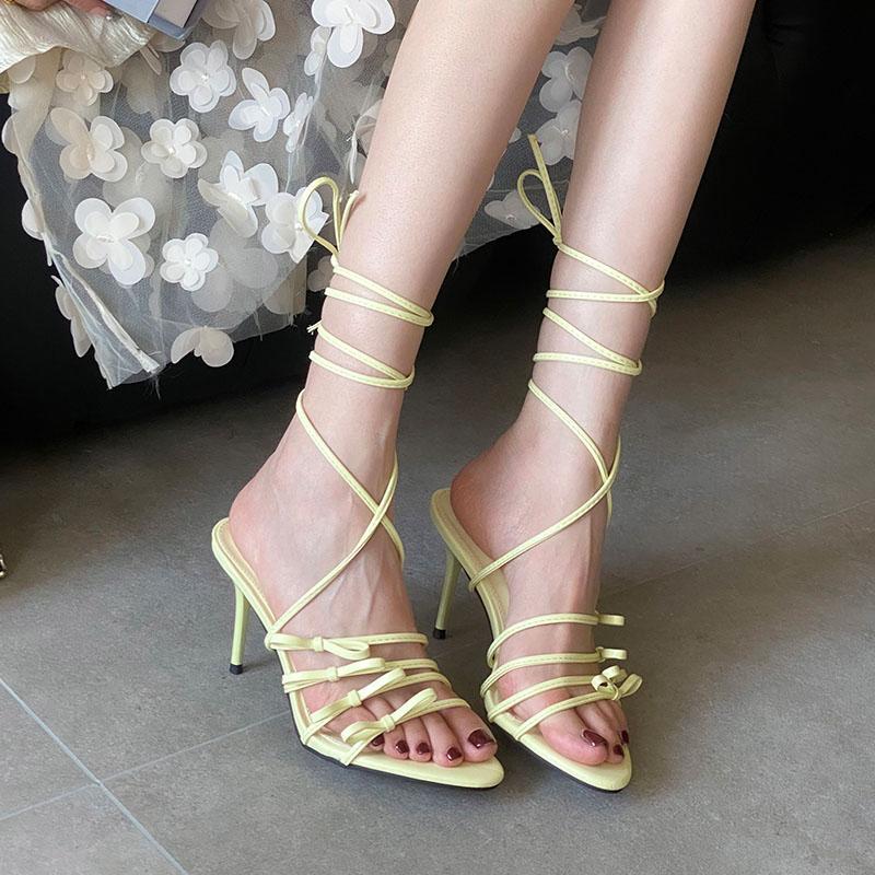 Fashion Fashion Cross-tied Women Thin  Heels Sandals Shoes Female Round Toe Footwear Butterfly-Knot Ladies High Heels Sandals Shoes