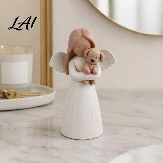 Nordic Style Angel Figurine Holding Puppy Figurine Cute Dog Resin Statue for Home Cozy Atmosphere Desktop Ornaments Desk Decor Handcrafted