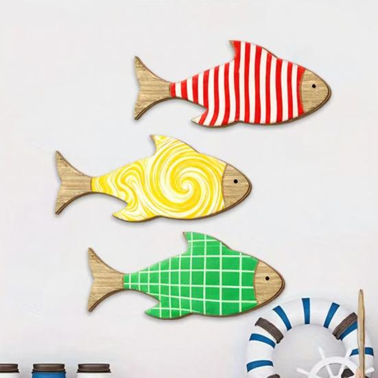 3Pcs/Set Wooden Fish Wall Art Decoration, Striped Wavy Plaid Fish Wall Sculpture, Summer Beach Theme Fish Ornament, Rustic Lake House Nautical Decor