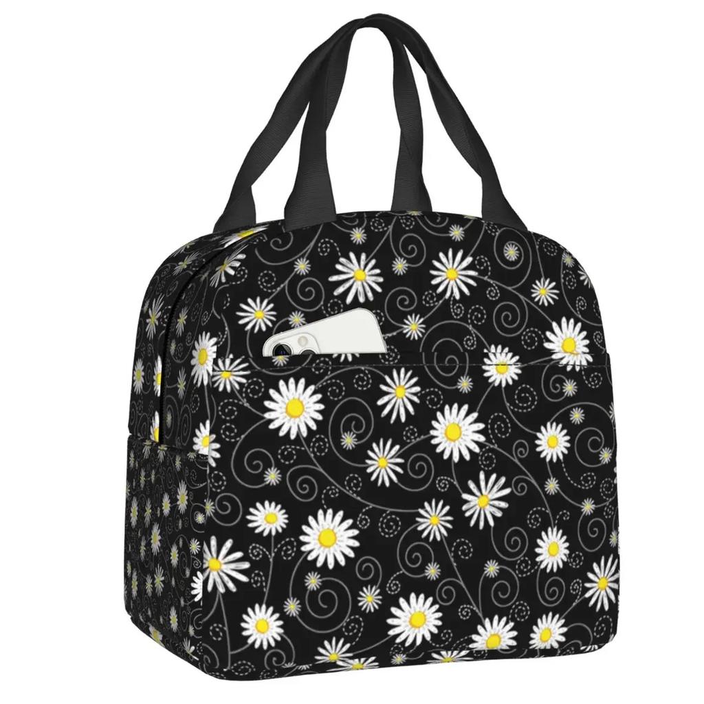 Beautiful Flower Daisy Lunch Bag Chamomile Floral Portable Cooler Thermal Insulated Bento Box For Women Children Food Picnic Bag