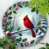 1PC Cardinal and Holly Berry Round Wreath Wall Art Decor Hanging Iron Metal Painting for Christmas Gift Home Garden Porch Bar Cafe Office