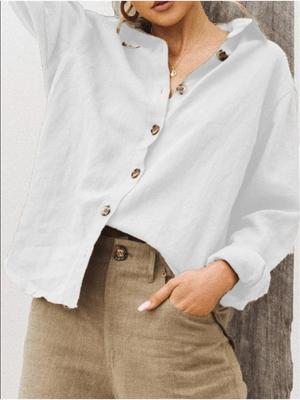 Fashion Collar Long Sleeved Cotton Linen Loose Women's Shirt