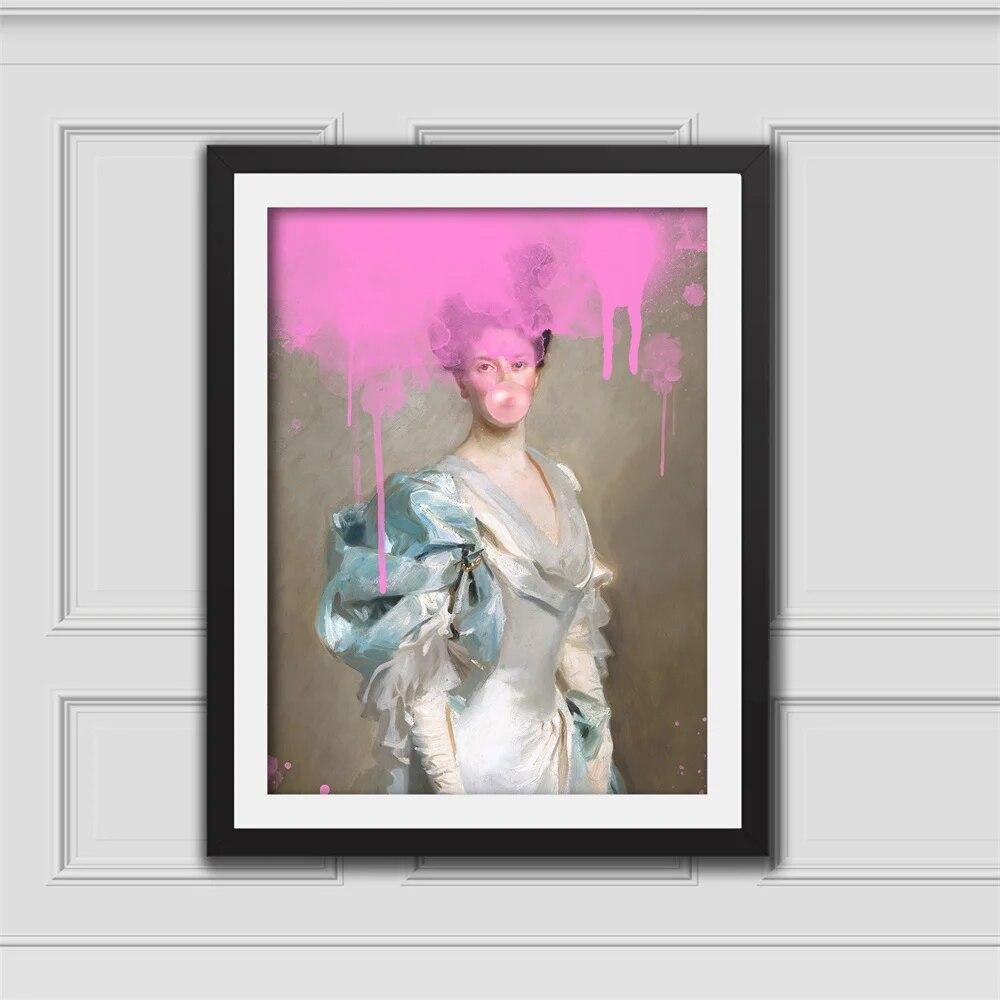 Elegant Lady Bubblegum Art Print Classical Oil Painting Canvas Prints Retro Woman Portrait Canvas Painting Renaissance Art Decor