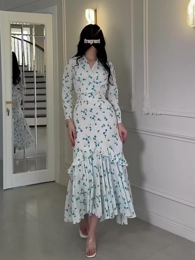 2025 Spring Floral Ruffle Long Dress for Women - Gentle Style