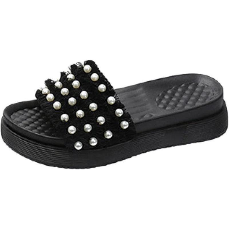 Slippers, Flat Sandals, Women s, Pearls, Outdoor Shoes, One Strap, Casual, Soft, Going Out, Room Slippers, Indoors, Korean Style