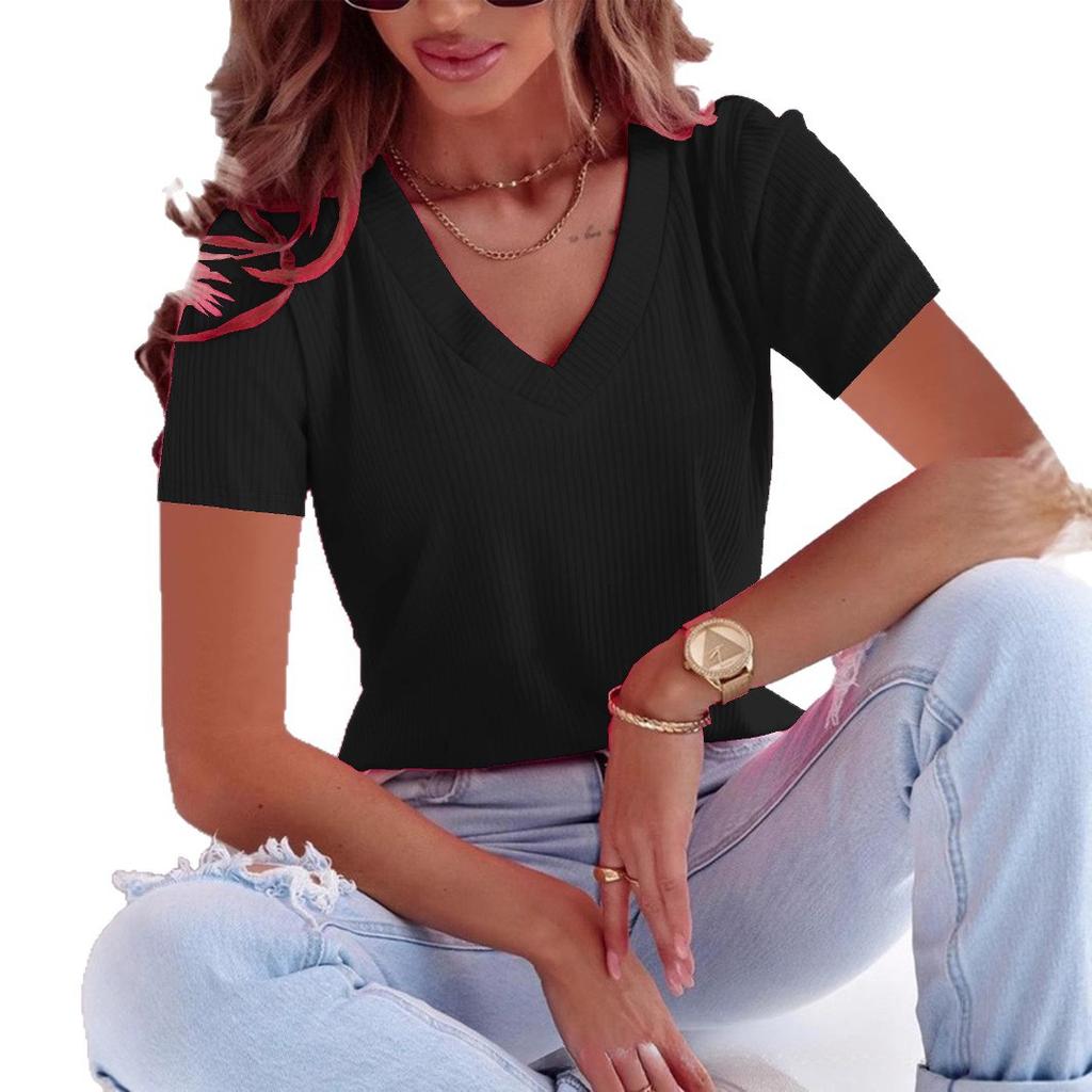 Summer Casual Short Sleeved Solid Color V-neck Women's T-shirts