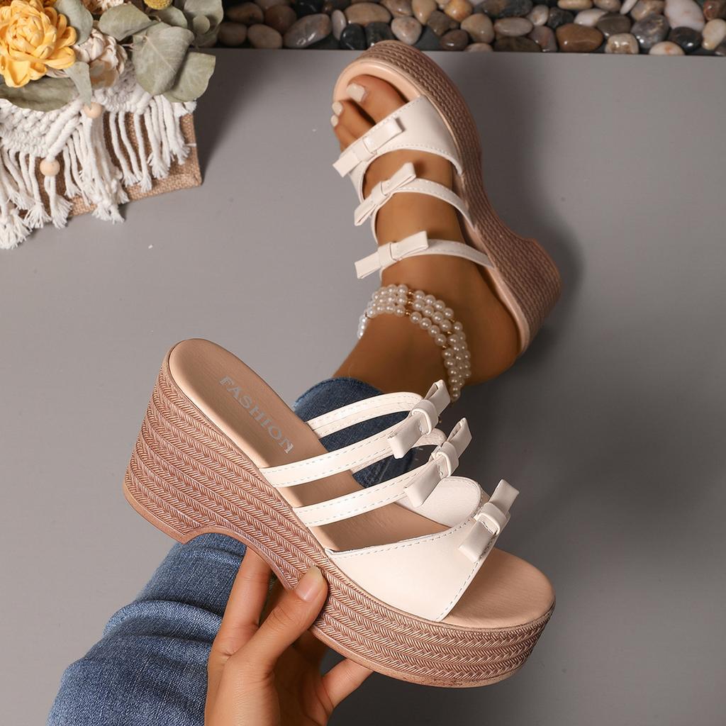 Fashion 2025 Summer Plus Size Women's Round Toe Platform Wedges Sandals Outdoor Casual Butterfly-knot Slippers for Daily Weave Slippers