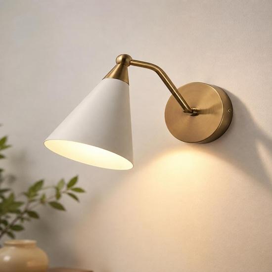 Mid Century Modern Brass Wall Sconces  White Cone Shade Bedside Lights