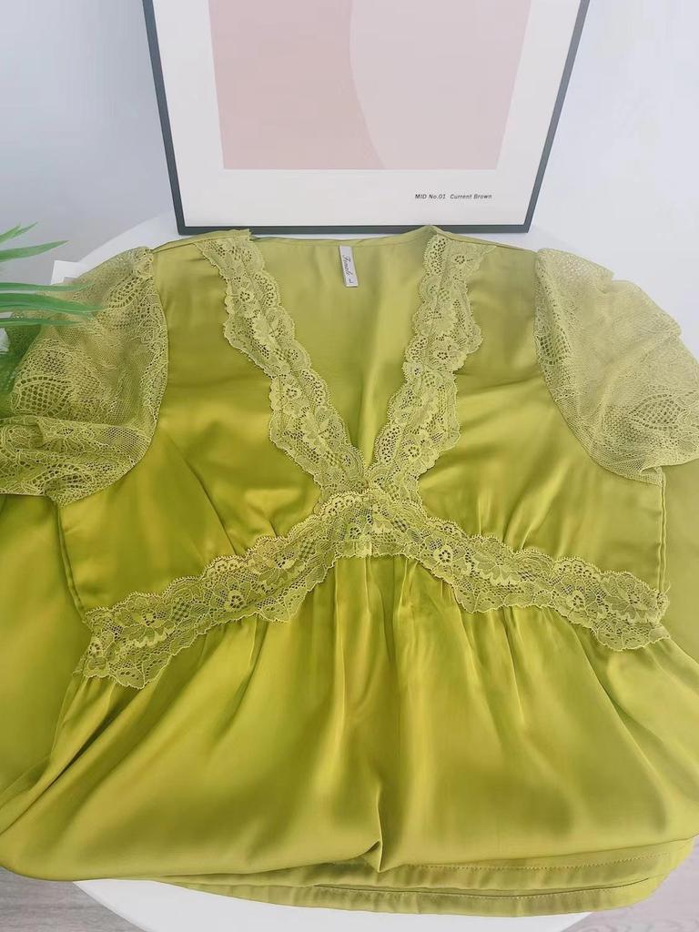 Fairy Lace Ice Silk Maxi Dress with Breast Pads - Sexy Long Sleeve Nightgown for Women, Home & Outdoor Wear