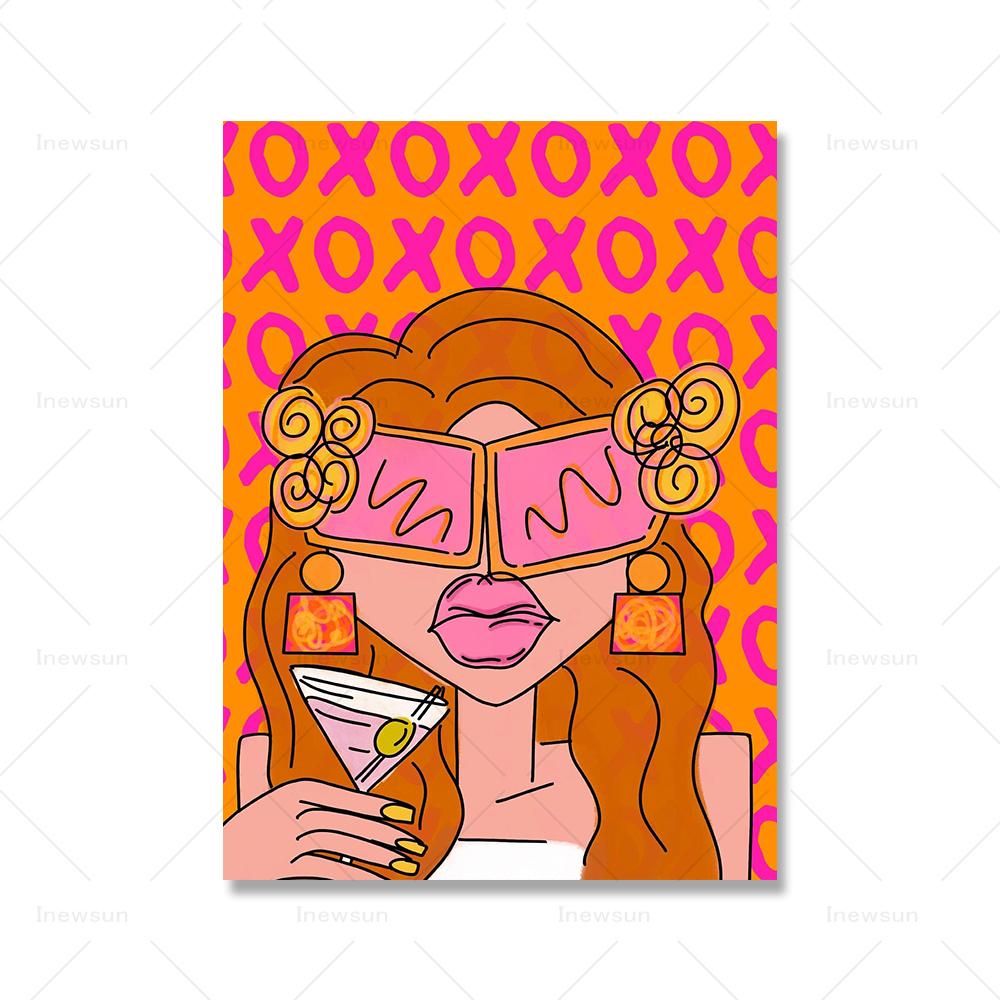 Preppy Funky Girl Portrait Wall Art Canvas Painting Fashion Cartoon Woman Avatar Poster Pictures Modern Dorm Decor Prints