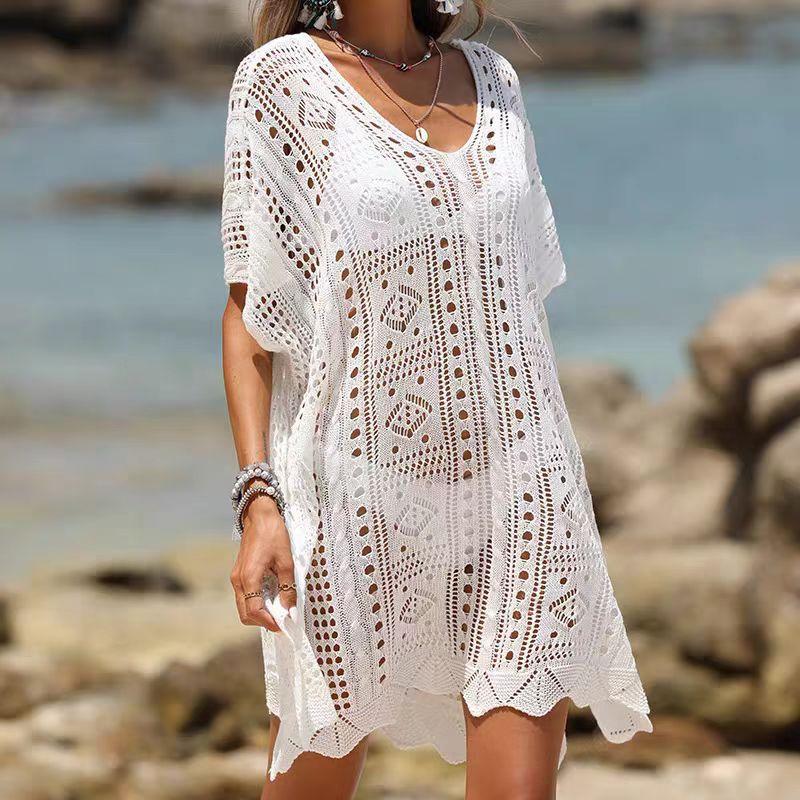 Short Sleeve Plus Size Knitted Sexy Hollow New In Dresses for Women Casual Loose Mini Summer Beach Dress
