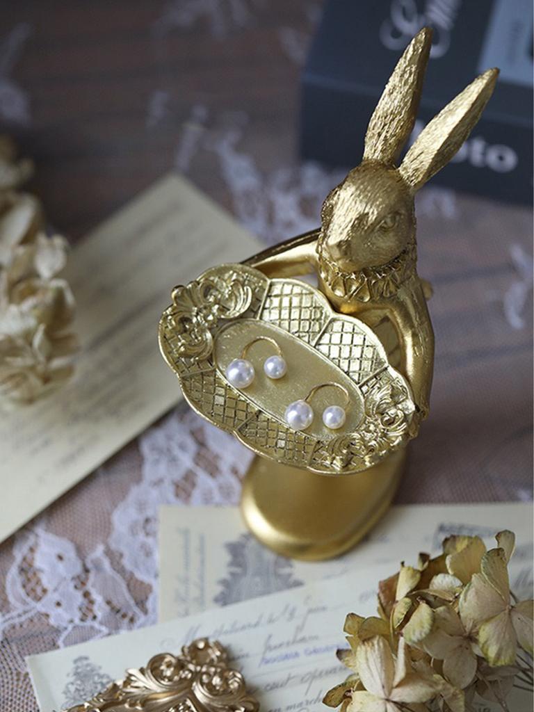 Cute Golden Bunny Figurine Jewelry Ring Tray Decorative Easter Rabbit Statue Resin Animal Sculpture Home Table Desk Ornament